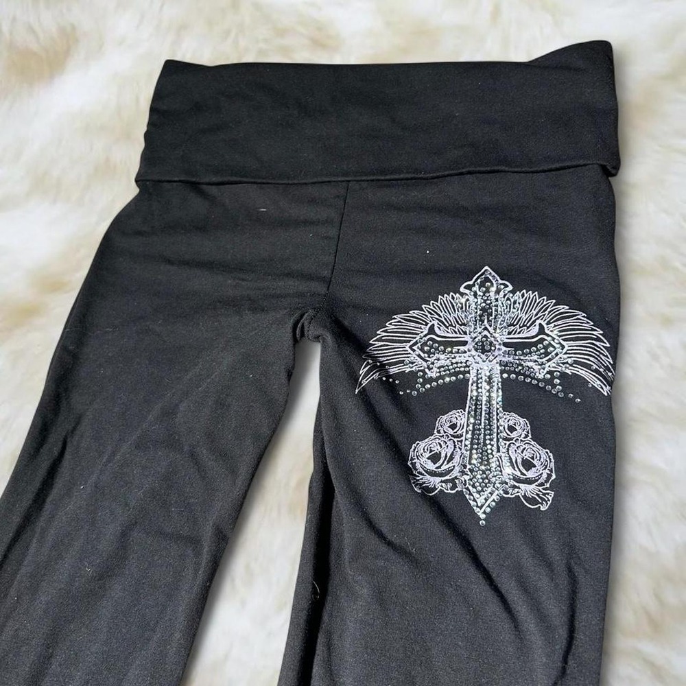 Urban Weekend Y2K Black Flare Pants Grunge Cross Embroidered Low Rise Small